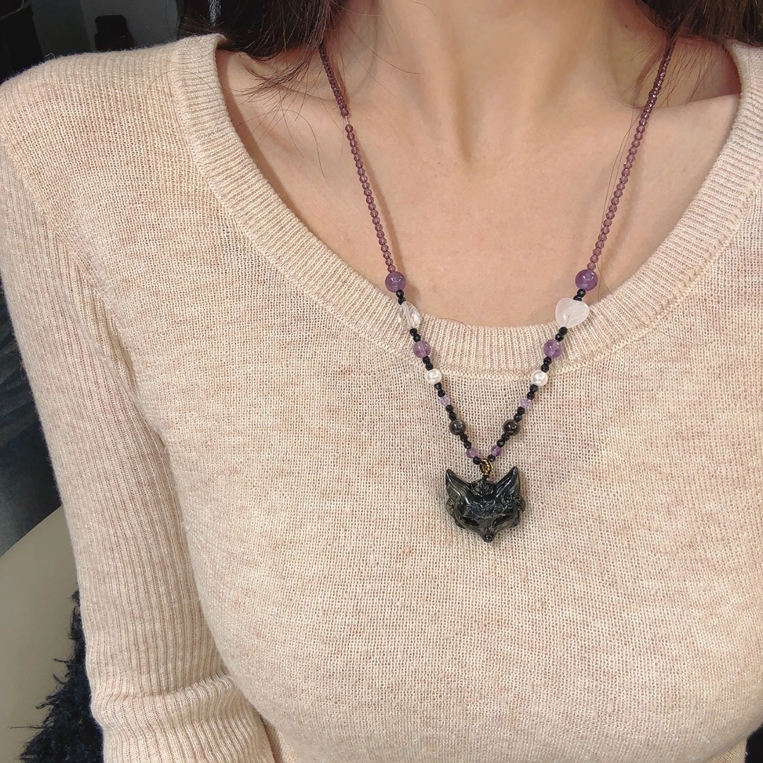 天然金曜石【狐面】毛衣链华子项链不掉色酷狐狸吊坠礼物R02