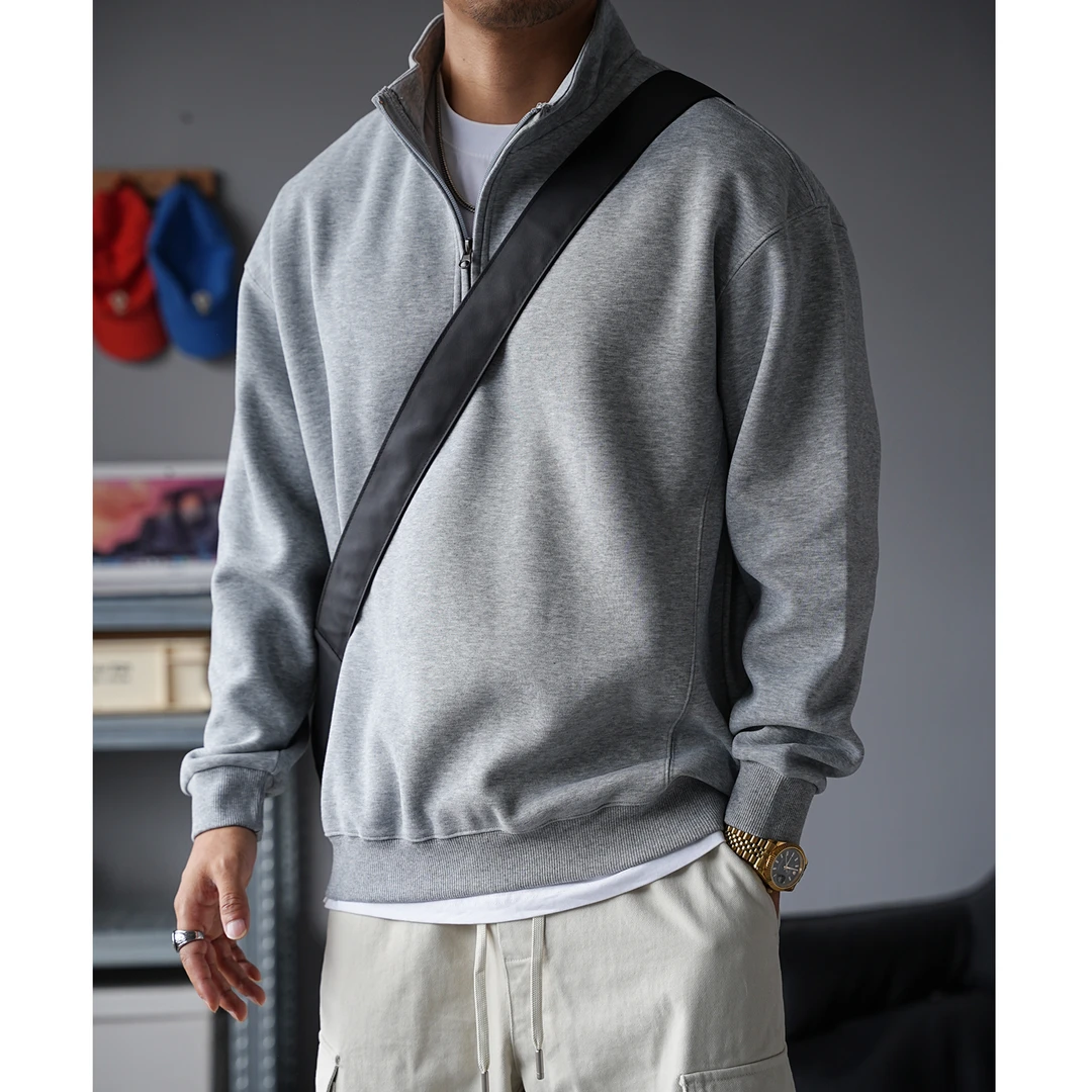 春秋季美式380克重磅立领半拉链卫衣男宽松长袖抗皱健身运动外套