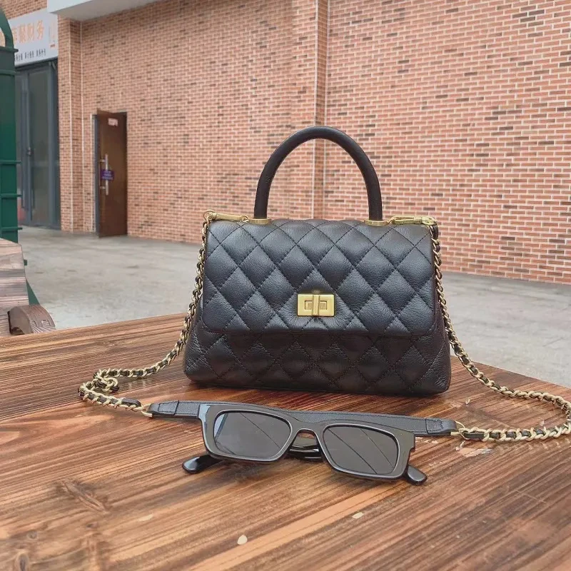 【RAIN·CUN】时尚拼接链条单肩斜挎菱格包 SLBL-2024-黑色