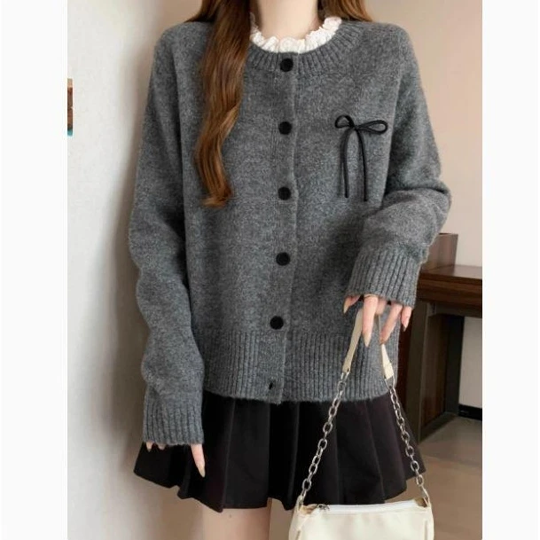 秋冬刚上市胖女孩时尚休闲风蕾丝拼接针织女士开衫毛衣外套