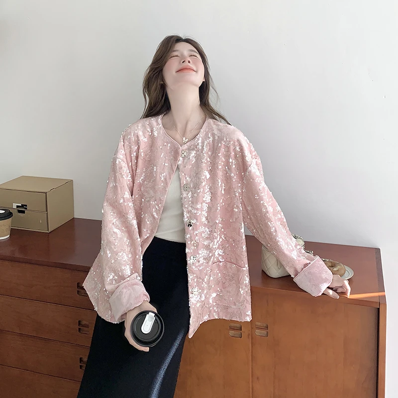 粉色洋气国风气质亮片装饰外套女2025春季新款短款时尚百搭夹克