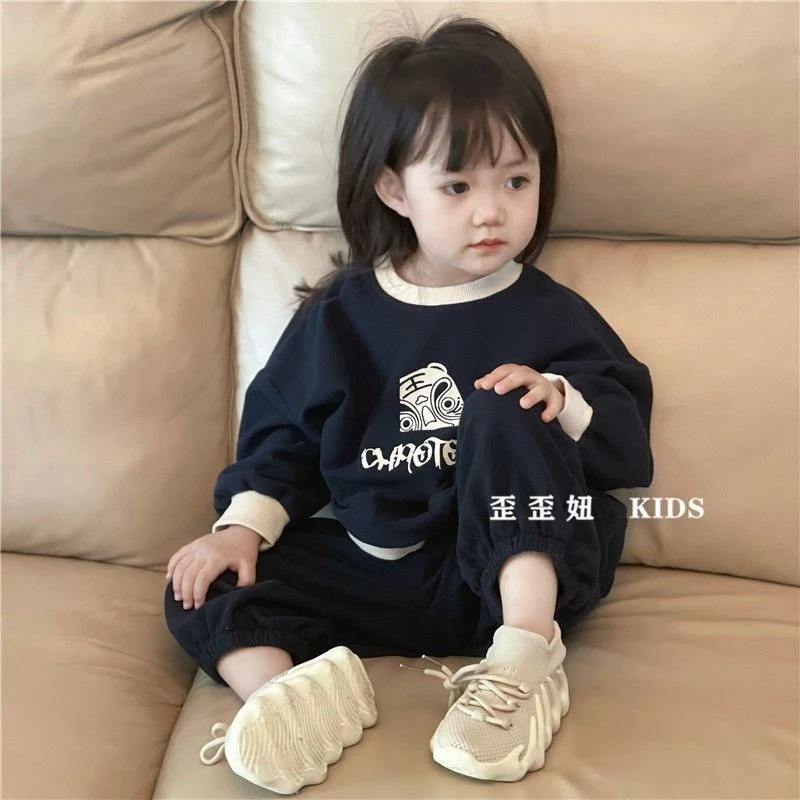 男女童装2022春秋新款卫衣2套装儿童3中性卡通撞色宽松韩版洋气D