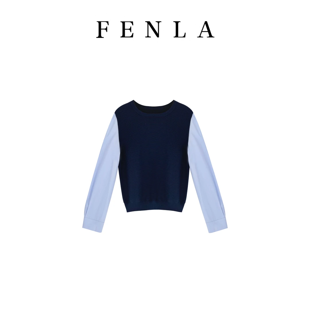 【惠姐私服】假两件复古黑色圆领针织马甲背心蓝色衬衫上衣 85072