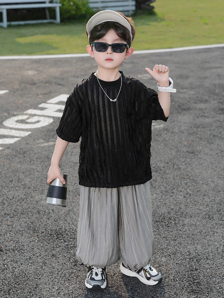 男童薄款防蚊裤套装儿童夏季黑色短袖透气t恤2025新款帅气两件套T