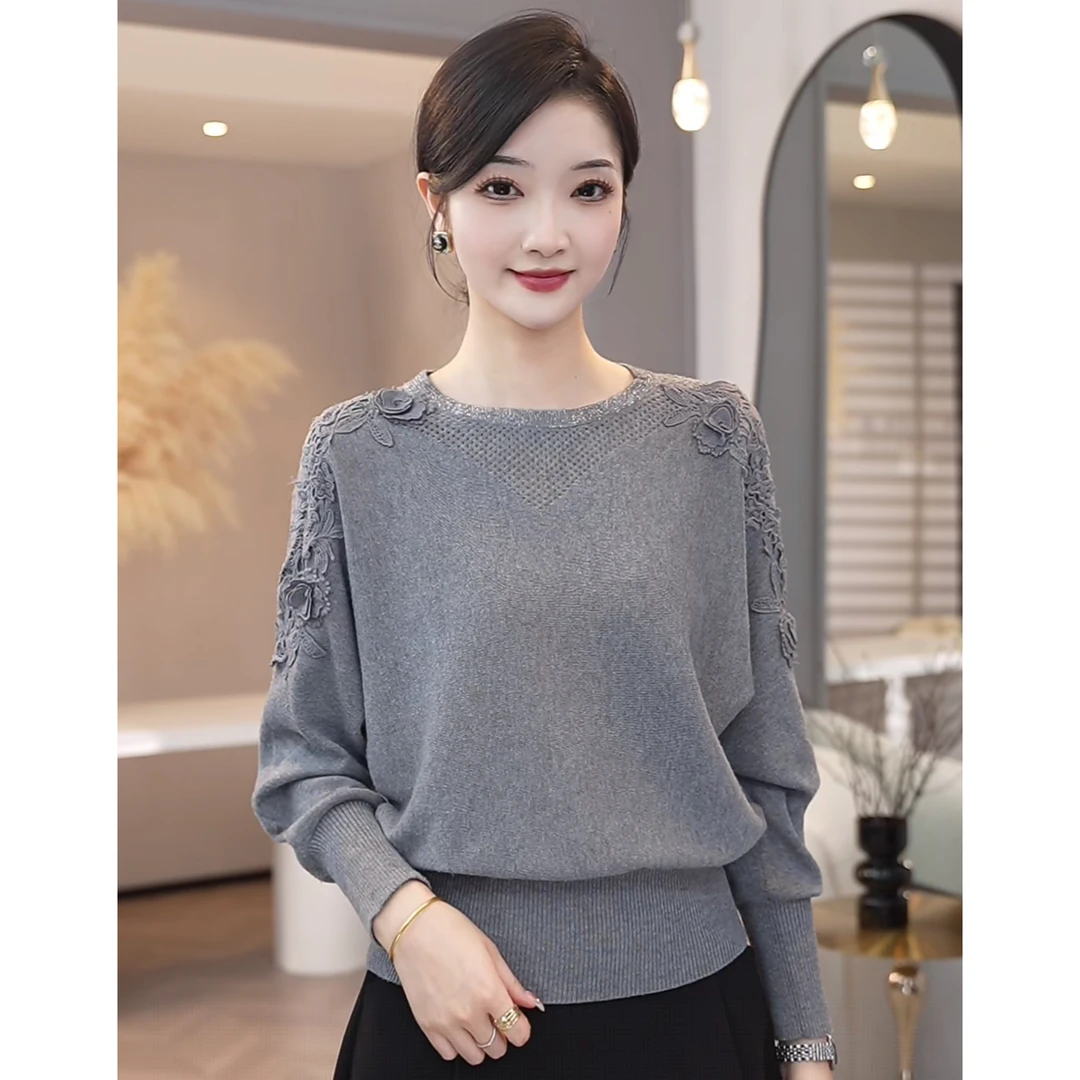 2025秋冬新款【QQ-1228-2JR】含绵羊毛长袖灰色针织打底套头毛衣女
