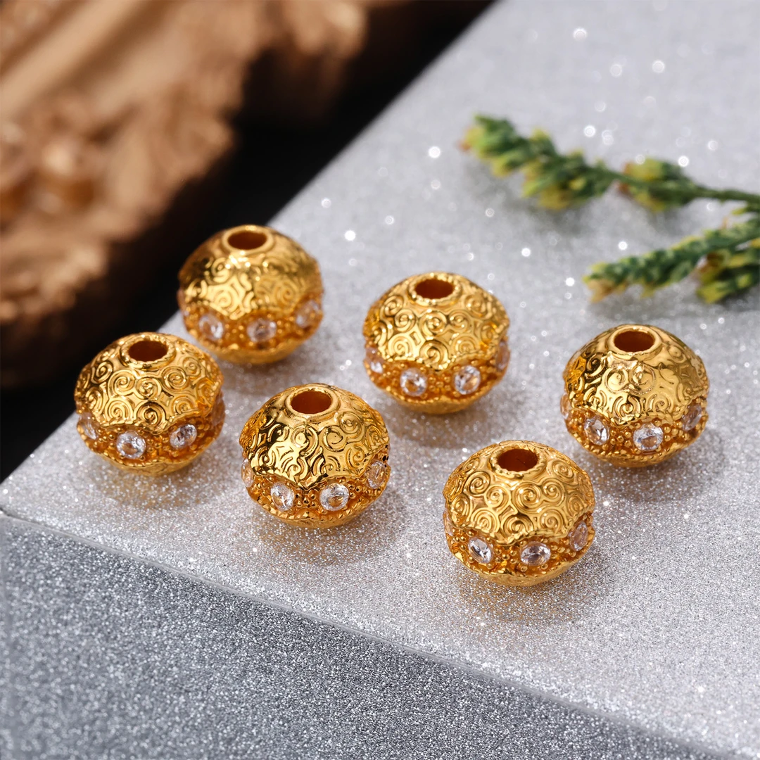 顺-风发货【来福工厂】18k金豪镶爆闪8mm祥云波浪纹隔珠顶珠DIY配饰