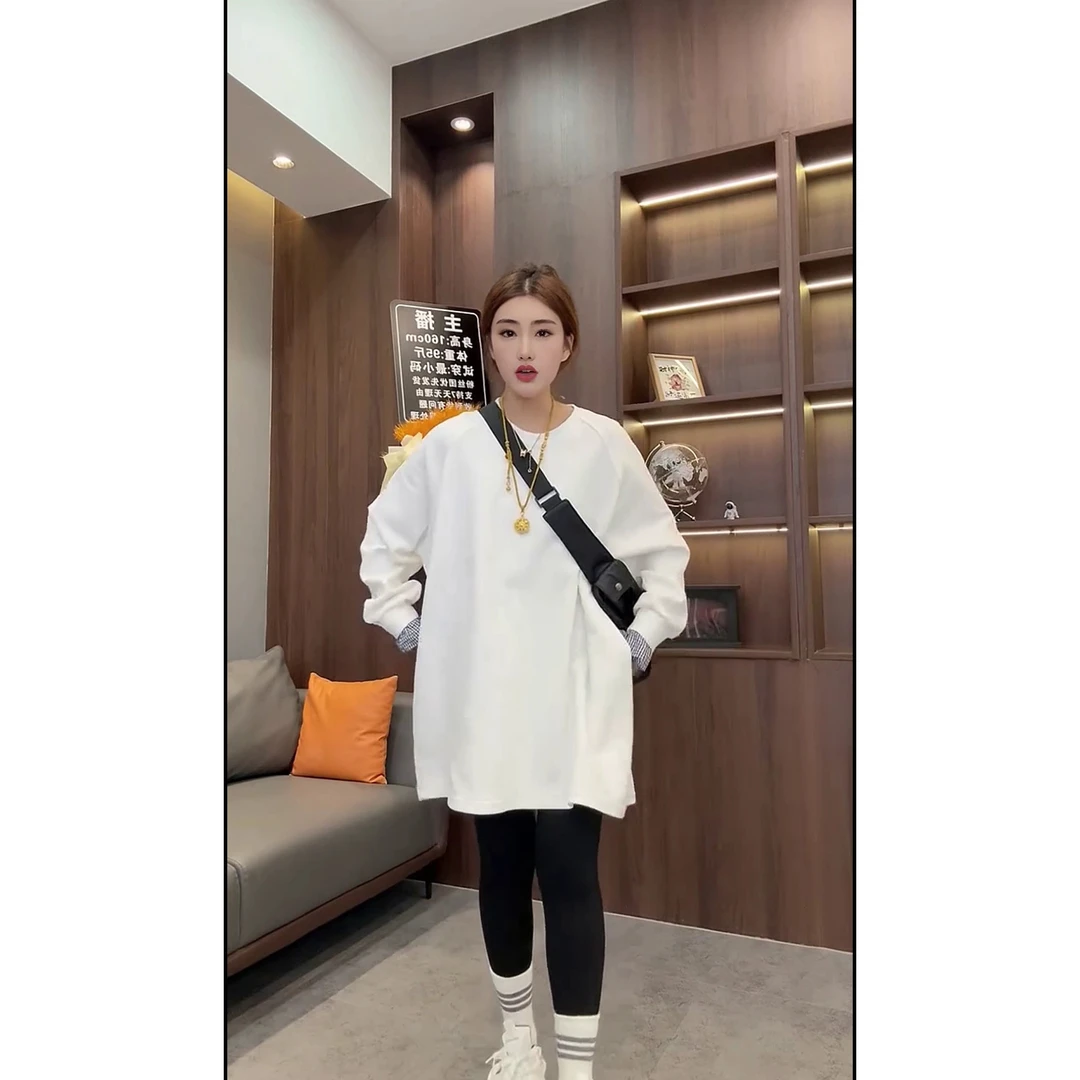 口袋拼接磨毛加厚卫衣时尚百搭宽松显瘦休闲中长款圆领