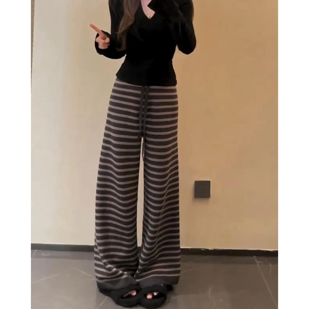 慵懒风条纹阔腿裤女冬季2024新款高腰垂感宽松显瘦直筒休闲长裤子