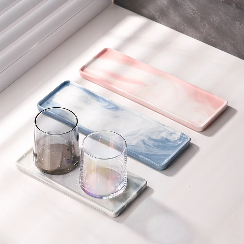 轻奢大理石纹陶瓷托盘化妆品置物架卫生间加厚收纳托盘子卸妆托盘