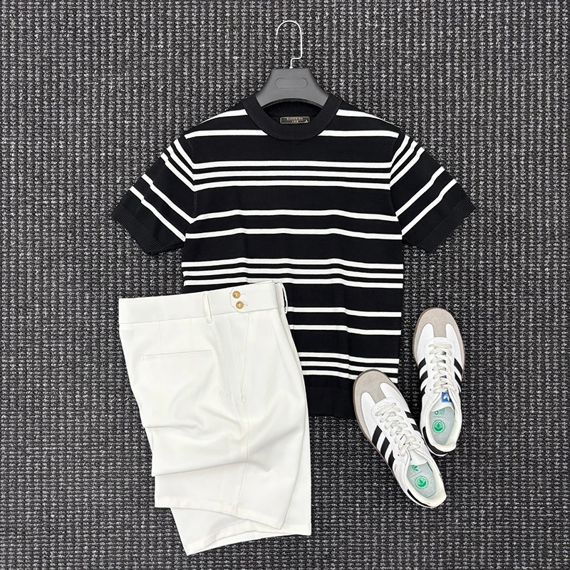 夏季经典老钱风冰丝男士条纹圆领商务休闲百搭打底针织衫短袖T恤