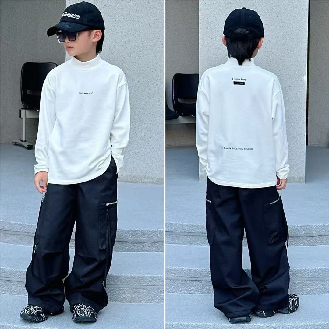 【嘟妈童装】青少年长袖中领加绒T恤2025冬装儿童加厚打底衫6071