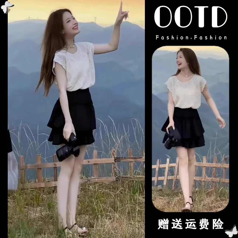 欧货设计感镂空露背针织衫2025夏季新款减龄百搭T恤蛋糕裙套装女