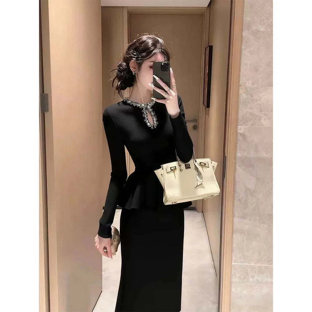 秋季御姐高端精致名媛气质小香风黑色针织套装裙