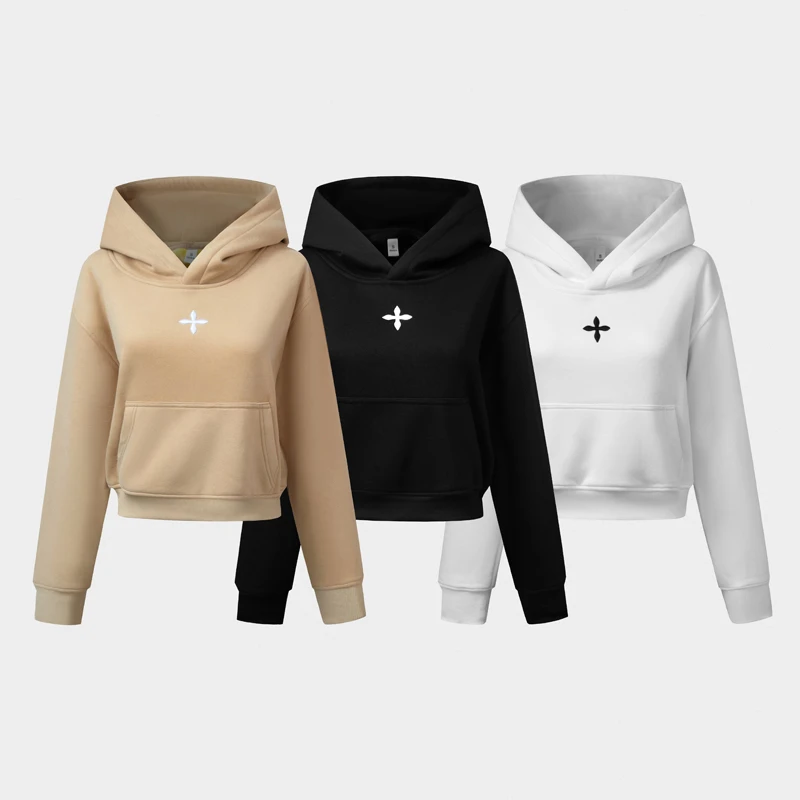 【帝韵】秋冬立体刺绣短款连帽加绒卫衣女休闲修身小个子穿搭上衣服