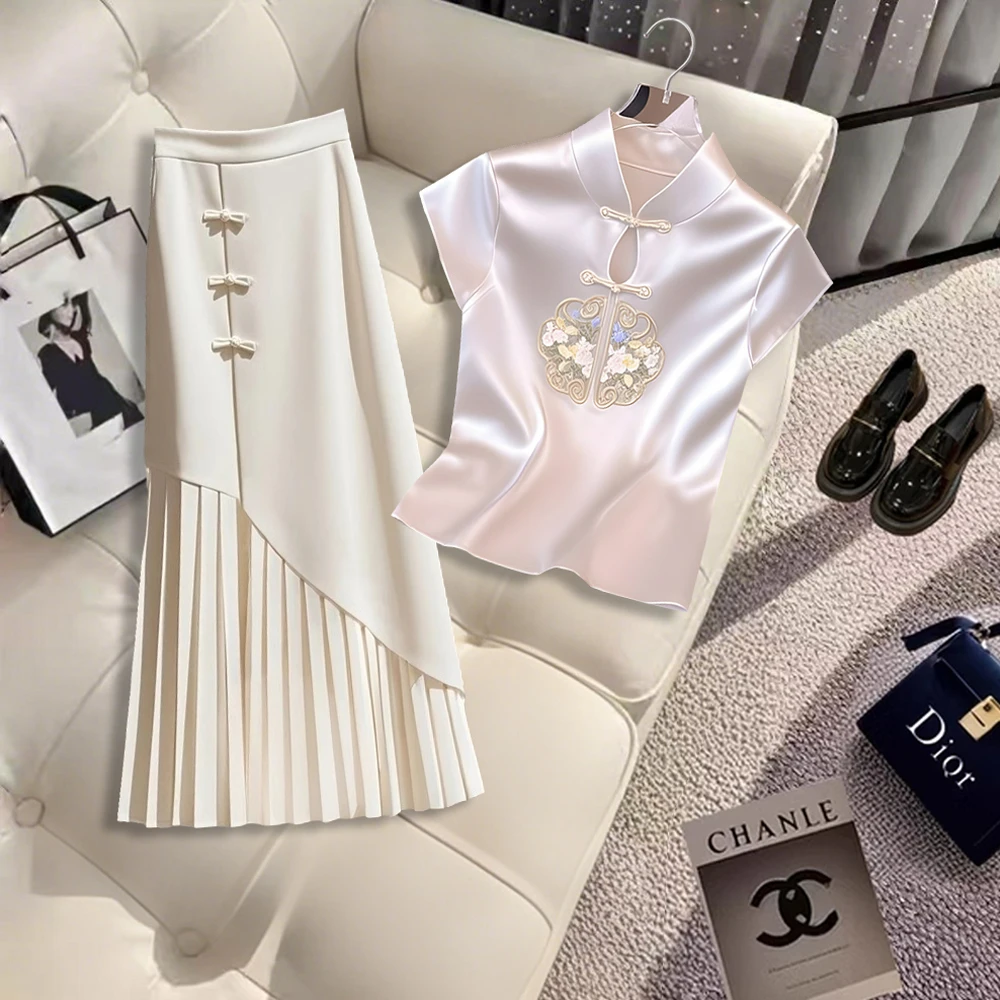 新中式国风一整套梨型身材高腰遮胯拼接半身裙旗袍上衣两件套夏季