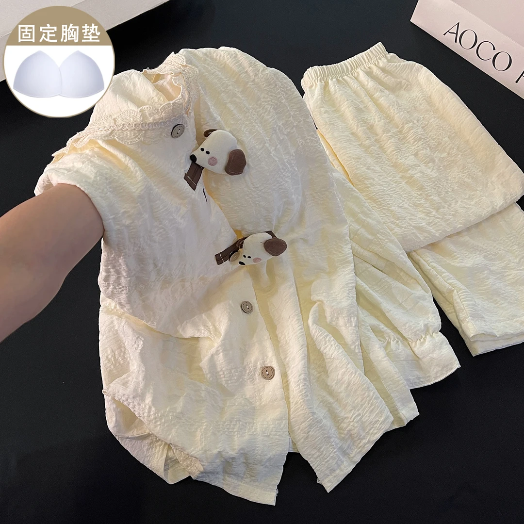 可爱腊肠狗睡衣女春秋季2025年新款宽松杏色长袖简约带胸垫家居服