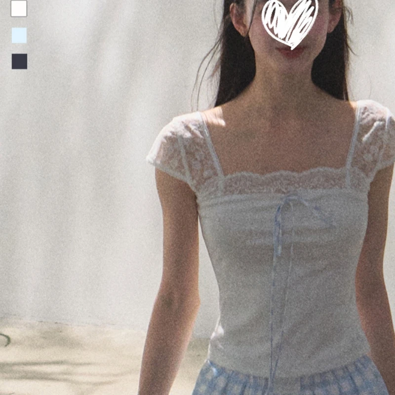 法式新款蕾丝蝴蝶结设计感凉感恤2025年夏季修身百搭女上衣