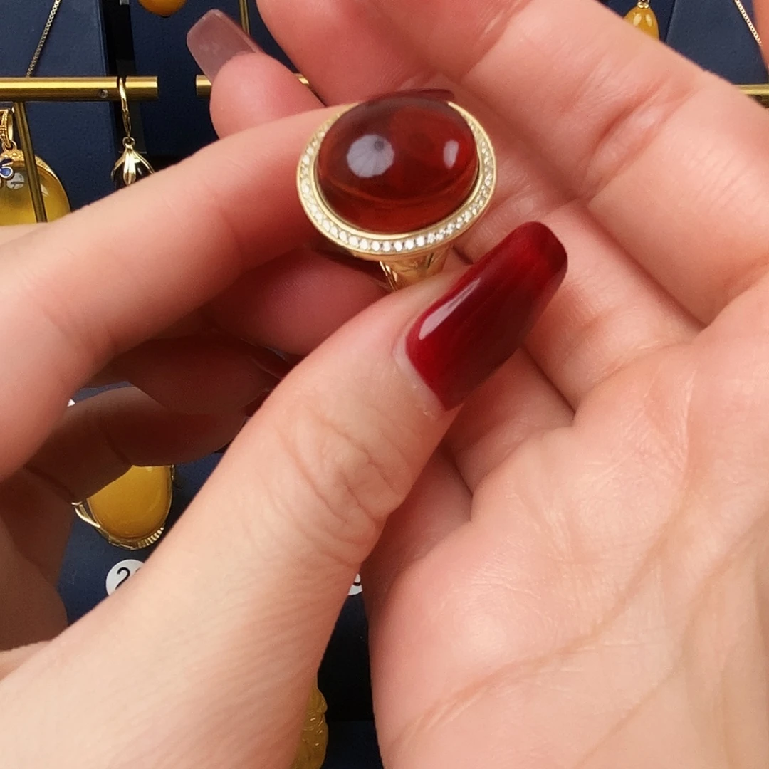 血珀银S925镀金镶嵌戒指