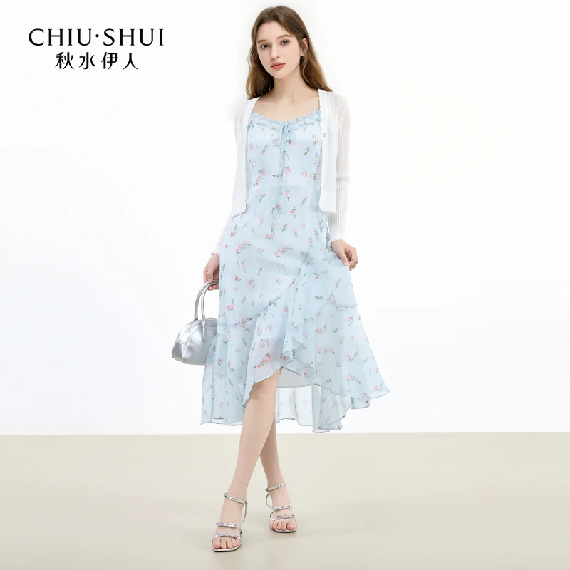 秋水伊人V领碎花吊带连衣裙2025夏季新款女休闲套装625203D010288