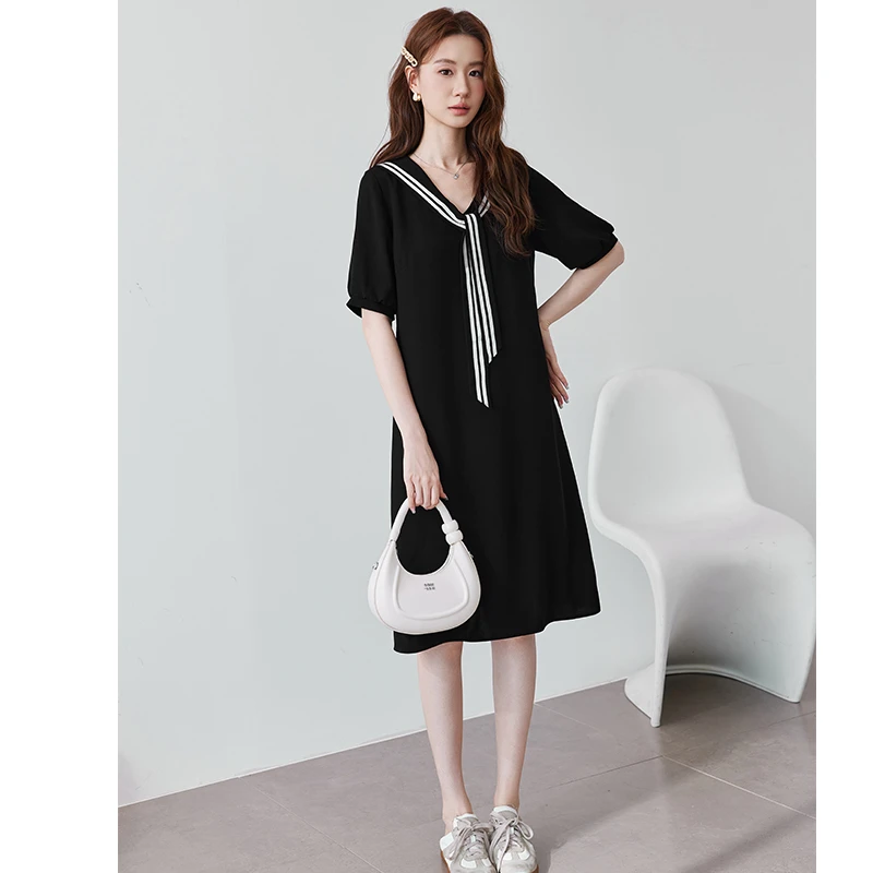 2025夏装新款气质宽松直筒遮肉显瘦百搭短袖学院风长款连衣裙