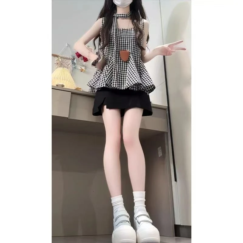 新款韩系格子背心飘带上衣黑色裤裙女时尚气质显瘦清凉穿搭两件套