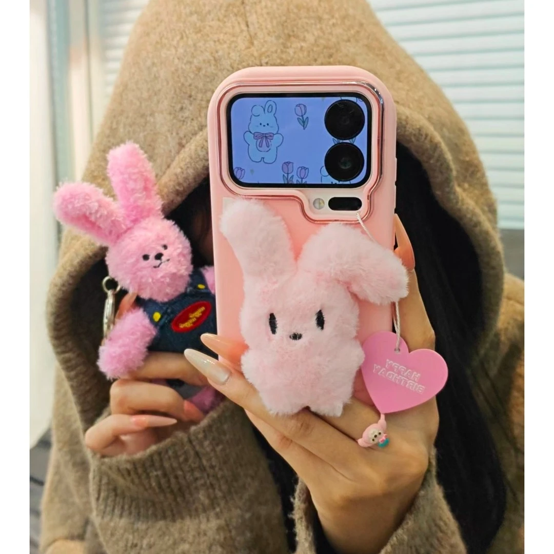 粉色毛绒折耳兔子适用苹果17/16promax手机壳iPhone15/14/13/1211