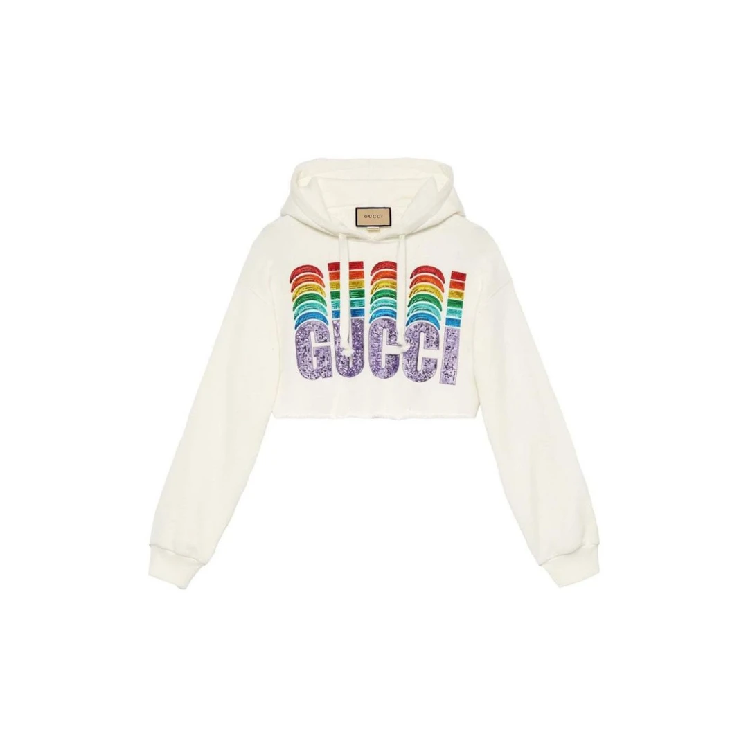 未使用 GUCCI/古驰 女款 白色 胸前亮片字母logo 短款连帽卫衣