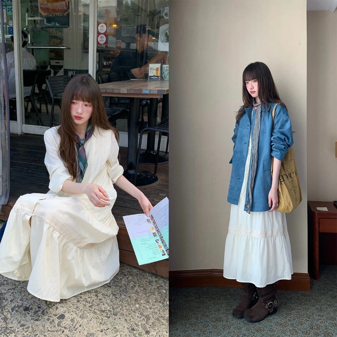 RAINY 甜美氛围感花边V领系扣连衣裙春秋女长袖白色蕾丝拼接裙子