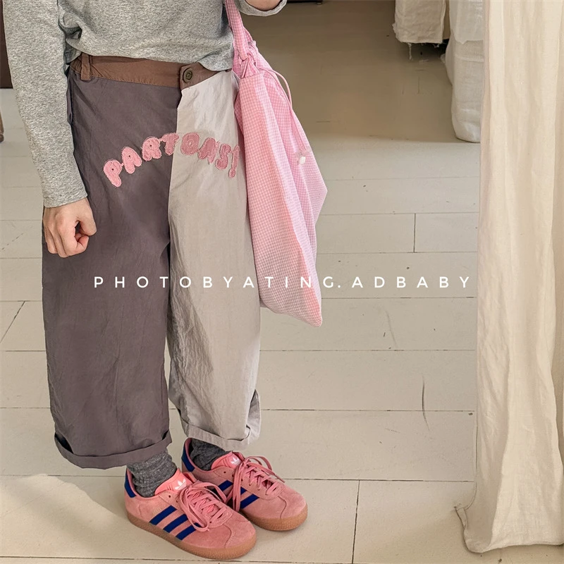 ab.baby童装女童春季新款儿童韩版拼接刺绣休闲裤洋气裤子