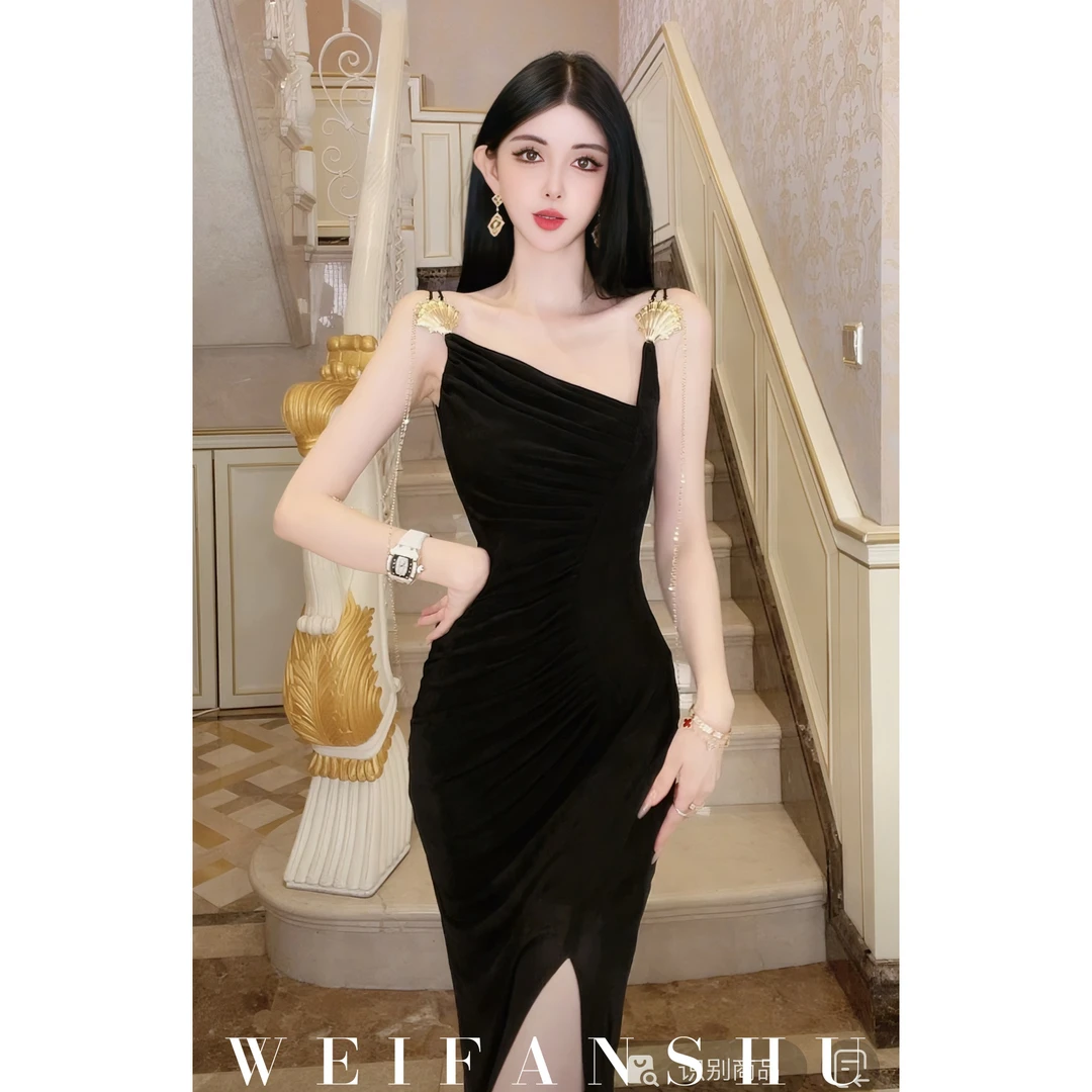 WEIFANSHU/魏凡舒【阑夜佳人】春夏新款气质御姐性感开叉显瘦连衣裙