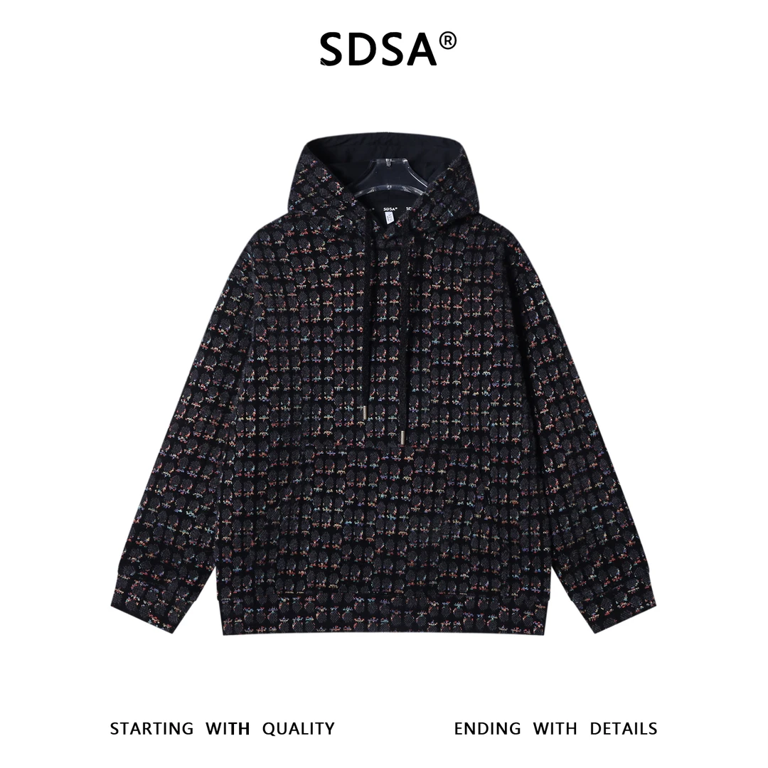 SDSA男士秋冬新款痞帅男装复古宽松彩色撞色提花连帽卫衣舒适高街