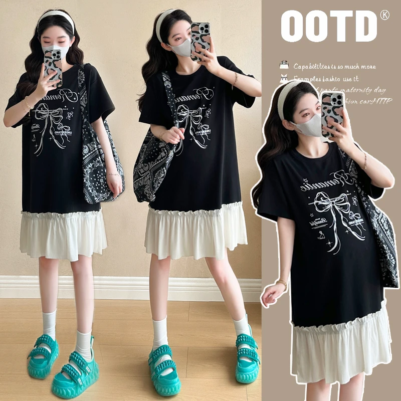 「圈圈优选」2025新款夏季显瘦蝴蝶结印花洋气孕妇装连衣裙小个子女