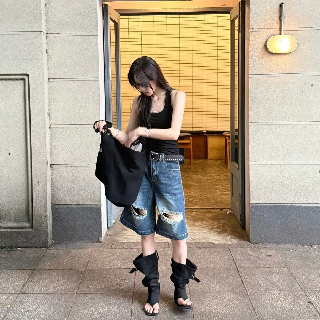 火火自制【复古破洞】夏季新款复古做旧小松破洞牛仔短裤