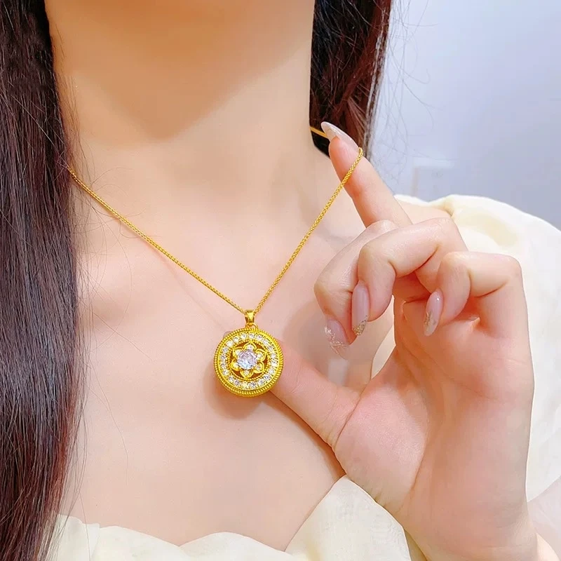 铜合金项链 新中式莲花罗盘吊坠项链福莲平安轻奢时尚挂坠