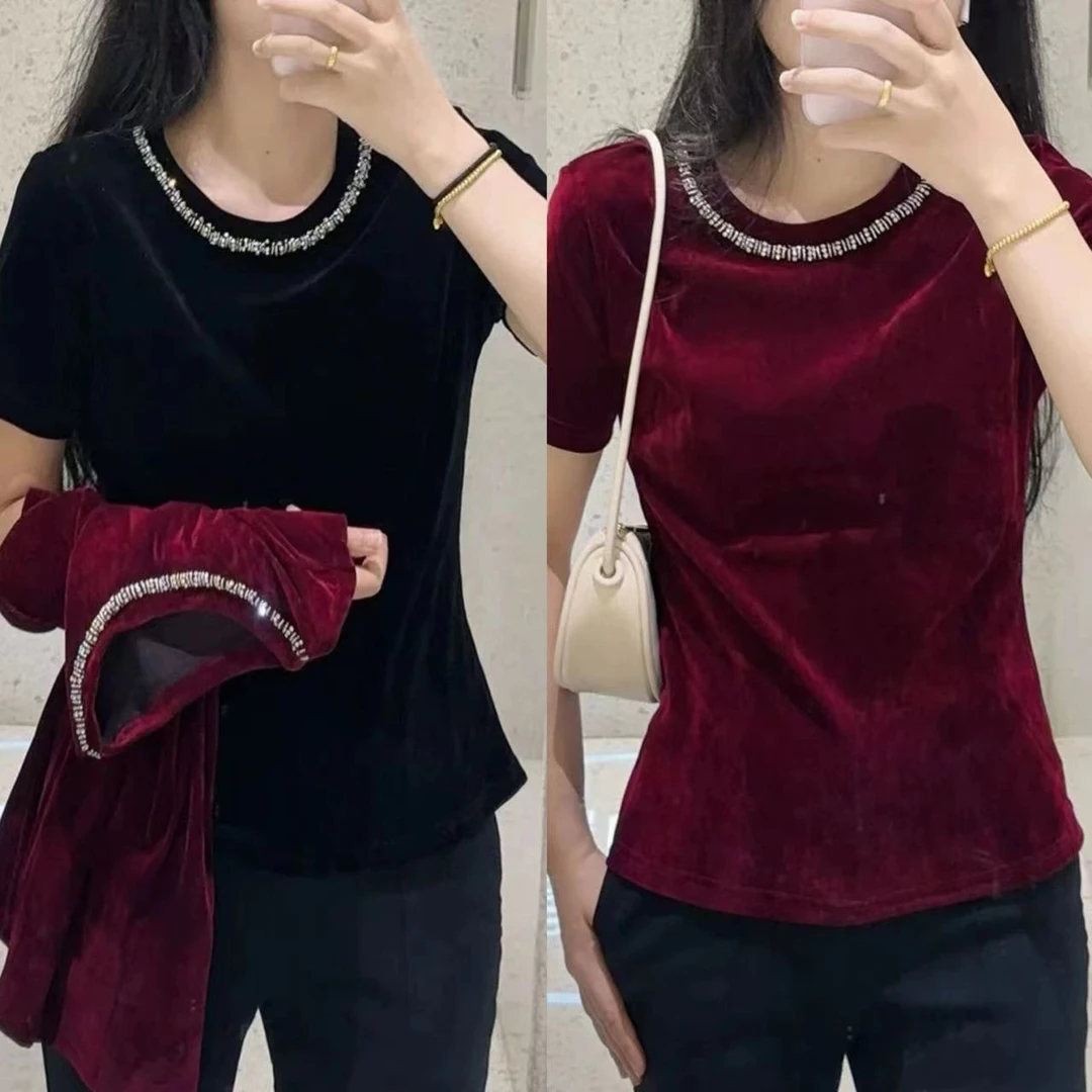 韵诗服饰-轻奢百搭气质植绒丝绒重工钉珠领修身显瘦短袖T恤400065