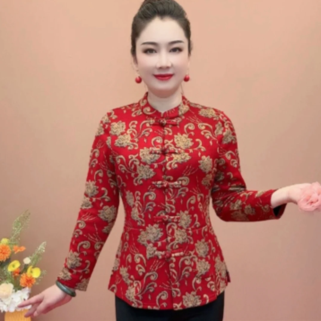 新年款凤尾花加绒盘扣民族风提花洋气百搭中老年开衫外套