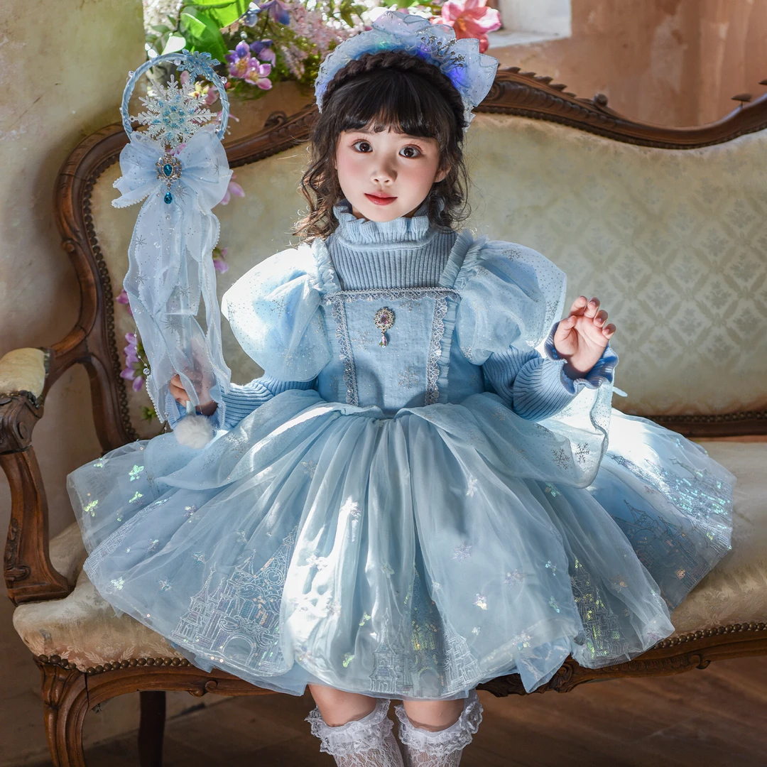 艾莎公主裙女童秋冬蓬蓬纱裙儿童冰雪奇缘连衣裙女孩爱莎毛衣裙子