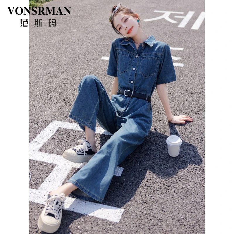 复古牛仔连身裤女高级感2025新款夏季时尚减龄工装气质收腰阔腿裤