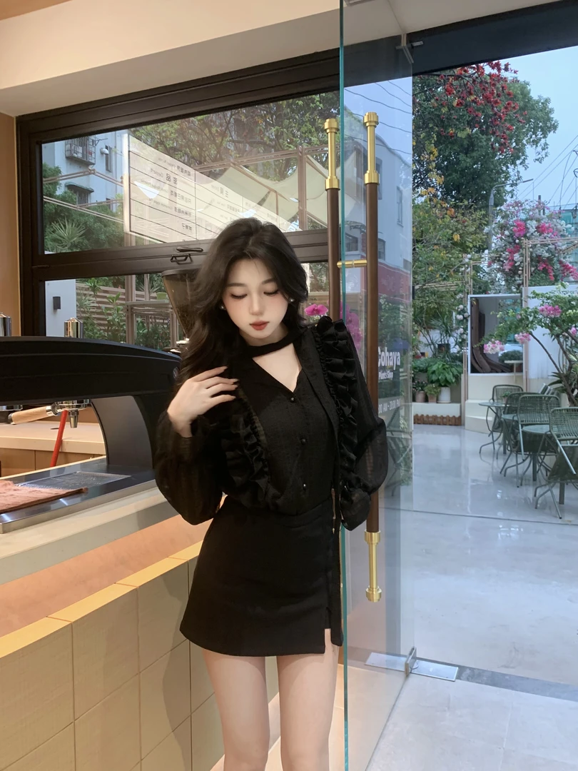 【A0652+1】木耳荷叶领长袖系带衬衫时尚包臀上衣+半裙套装