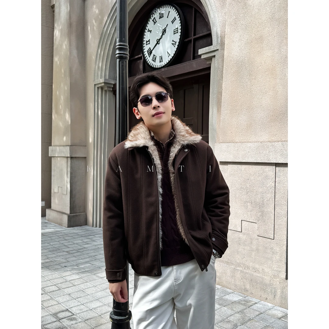 复古座山雕「可拆卸毛领」冬季保暖加厚毛呢翻领夹棉男士夹克外套