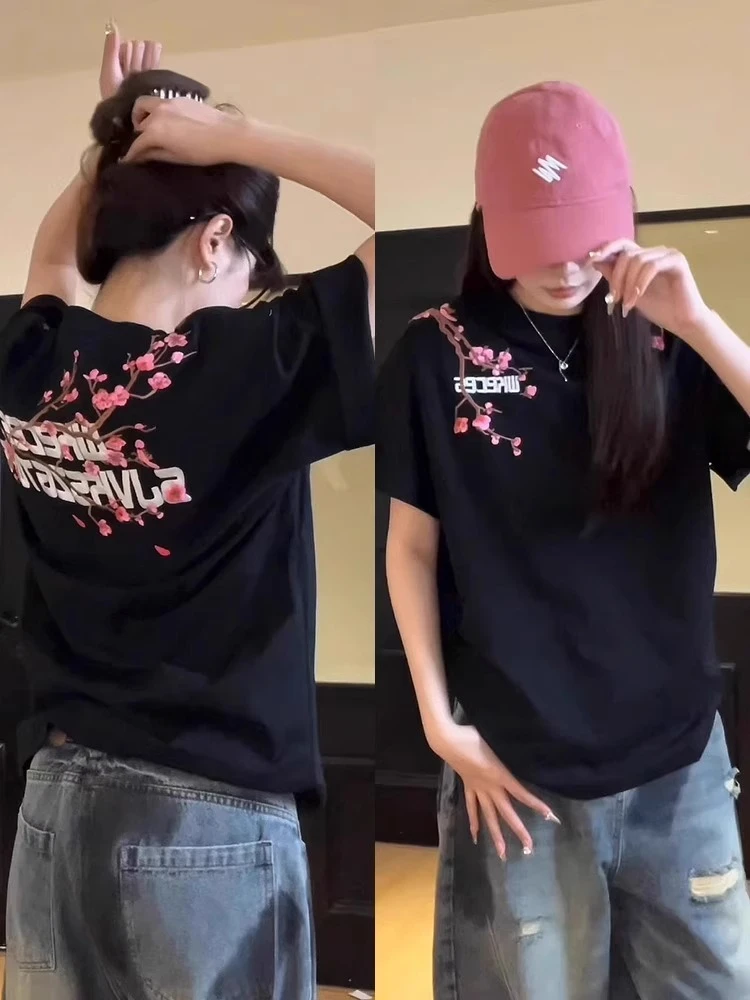 重工刺绣美式高街纯棉短袖t恤女夏季小众设计感宽松圆领半袖潮牌