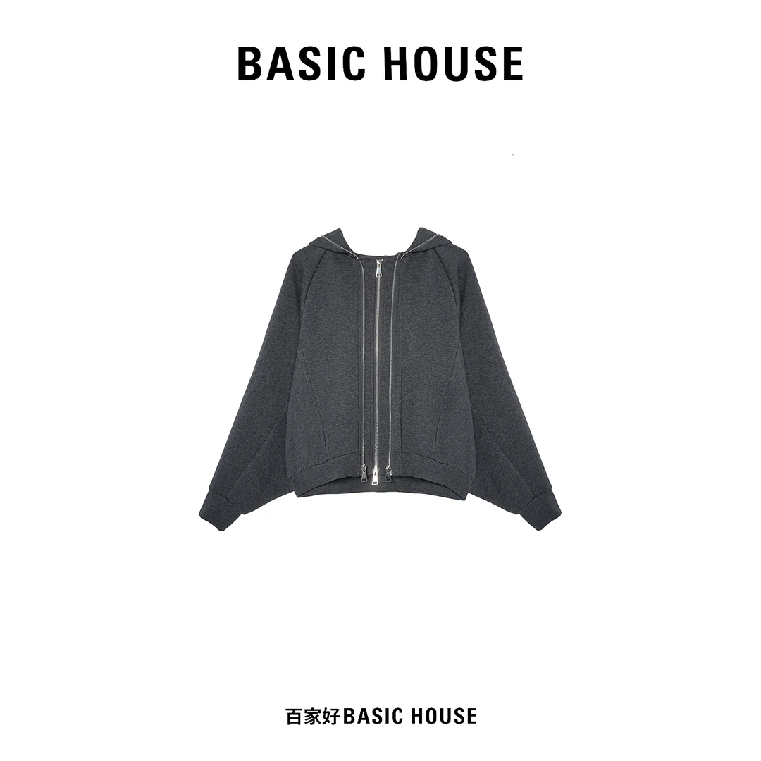 Basic House/百家好冬新款休闲时尚连帽卫衣宽松拼接中长款上衣女