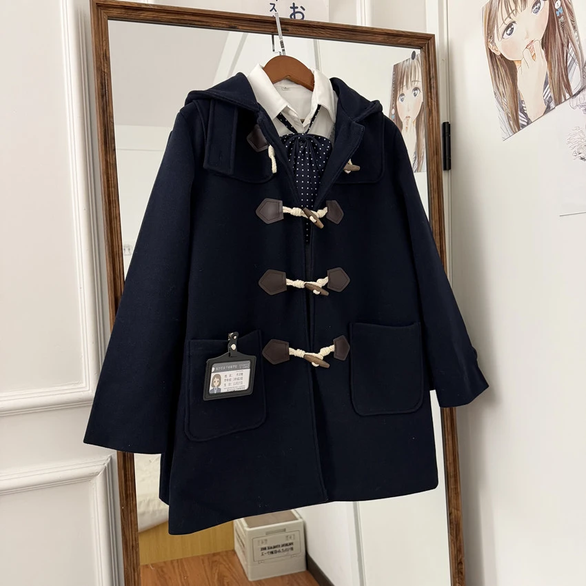 北岛鲸堂藏青色学院风JK秋冬毛呢外套连帽牛角扣夹棉大衣中长款女