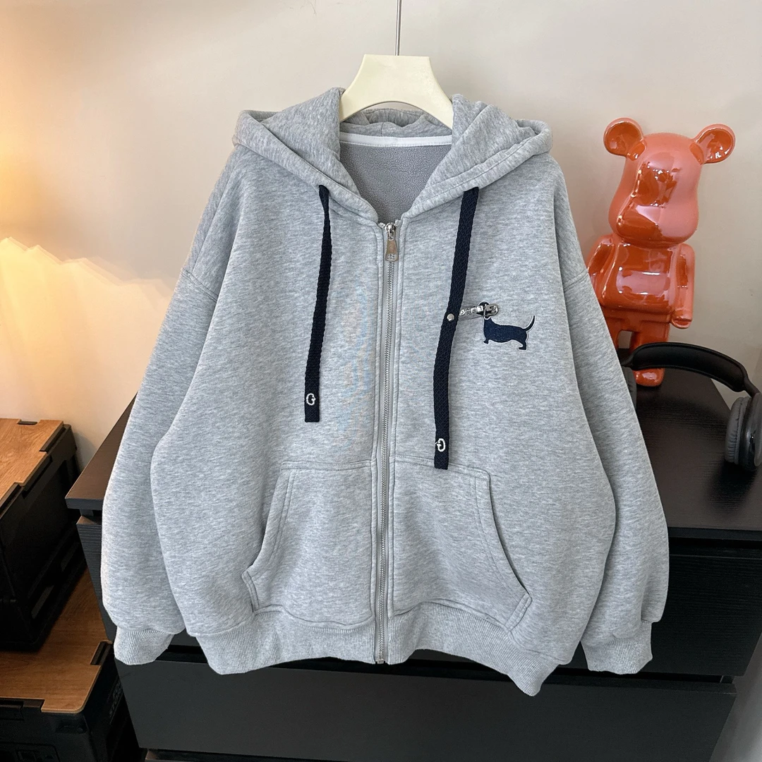 川度2666儿童韩版秋季新款男女童连帽拉链开衫加绒刺绣外套百搭款