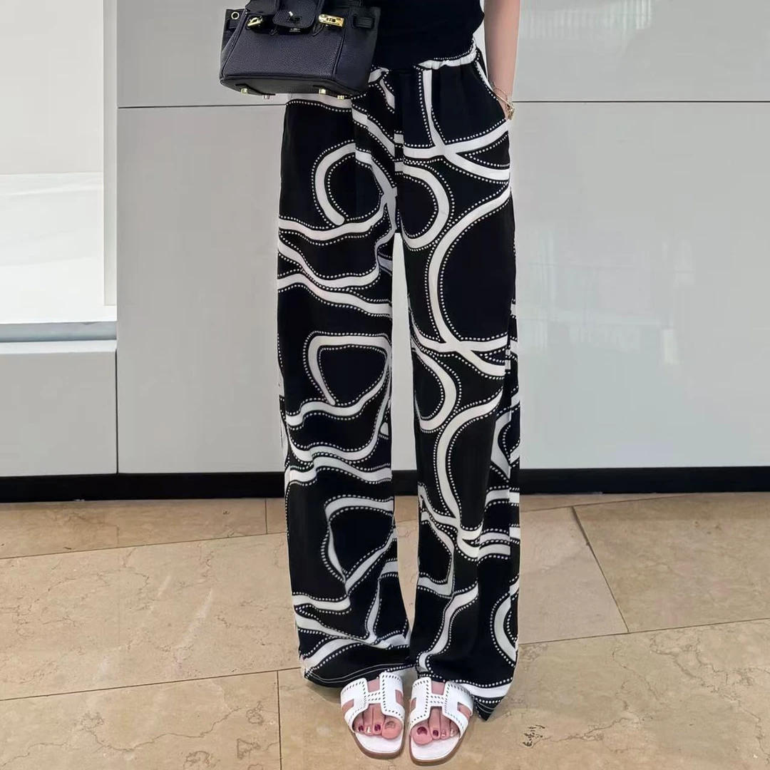 老钱风夏季印花冰凉透气松紧阔腿裤