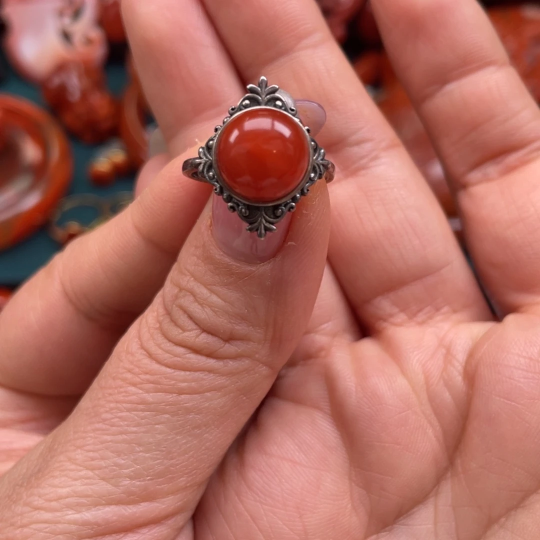 南红玛瑙银S925镶嵌川料南红蛋面戒指