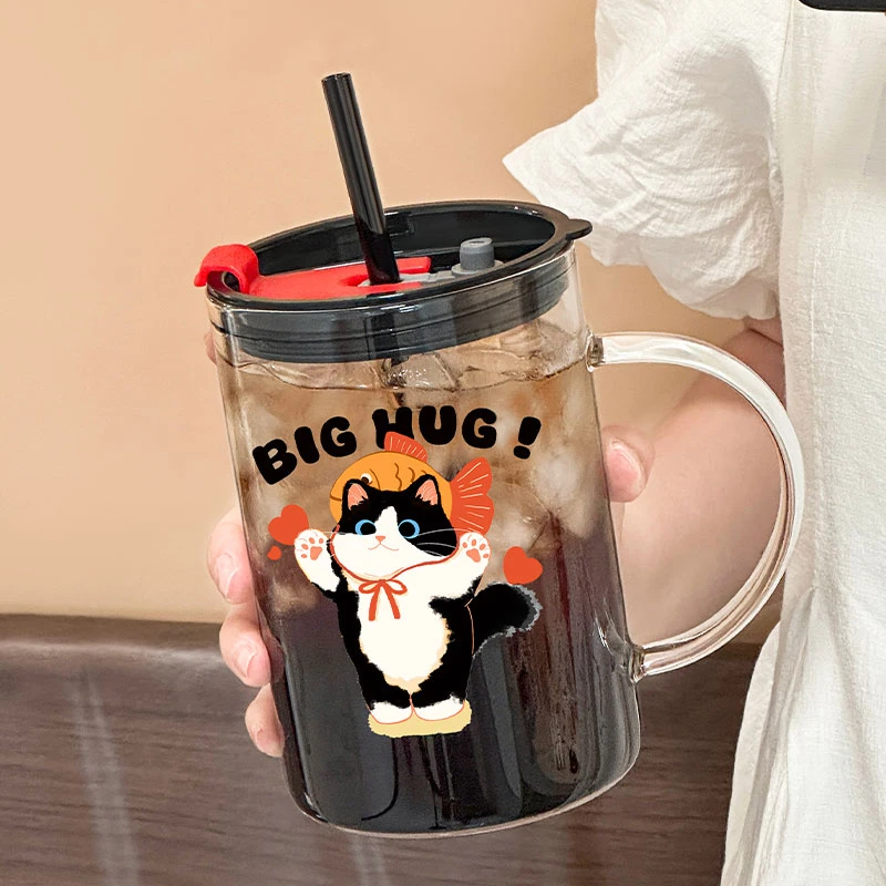 冬季喝大容量黑猫可爱玻璃杯高颜值新款吸管杯带盖把手办公室水杯