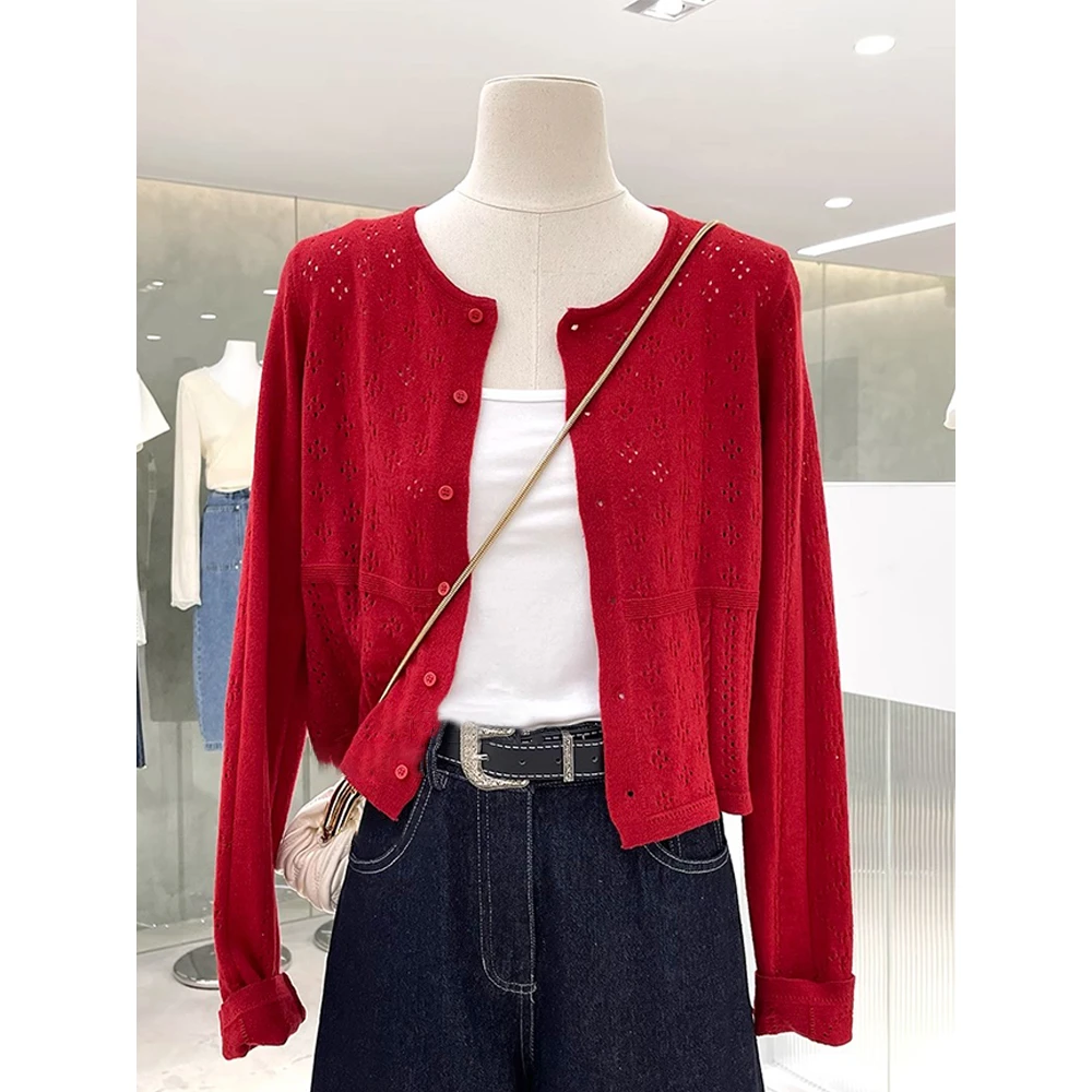 港风复古红色镂空短款针织开衫女春秋款气质百搭显瘦防晒长袖上衣