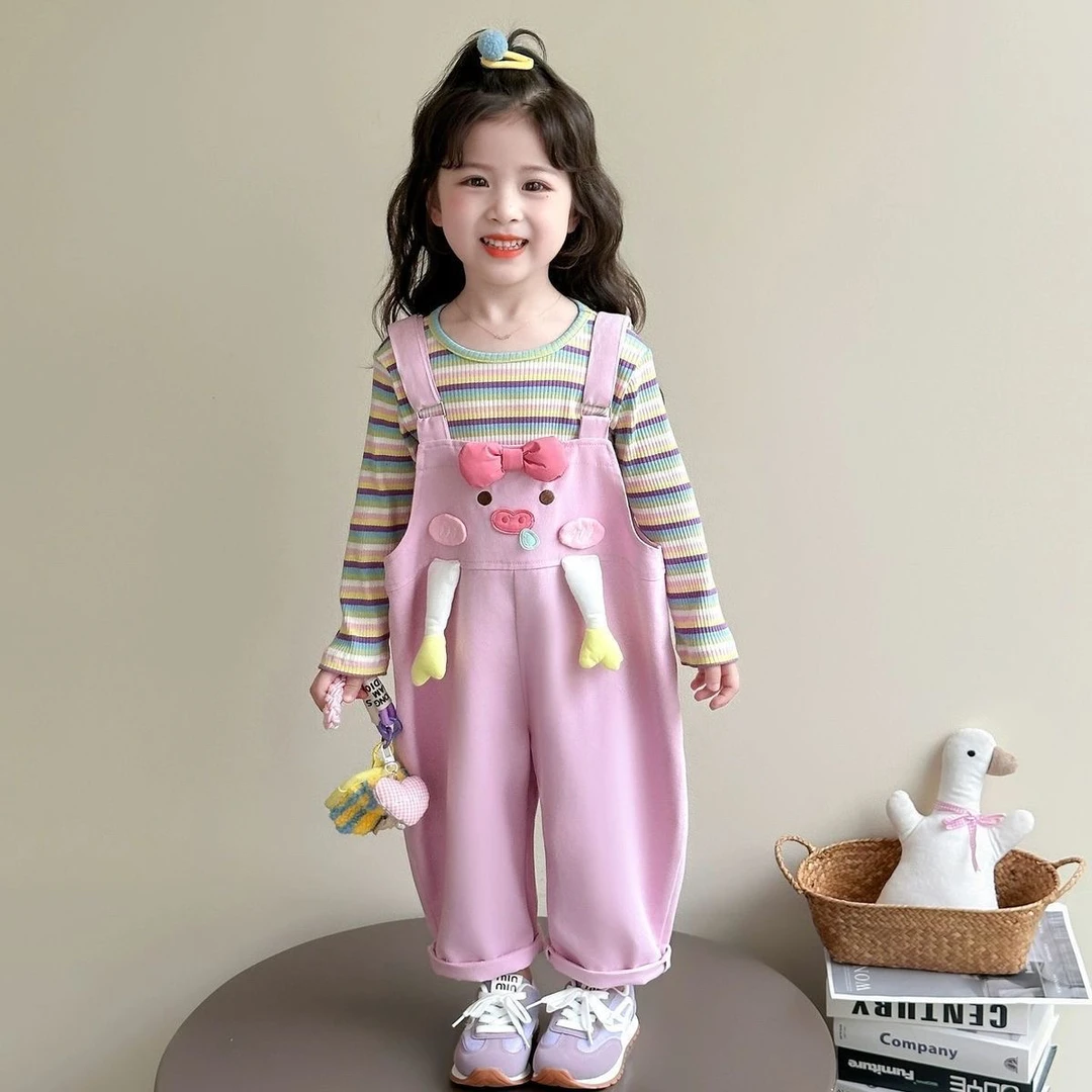 女童儿童套装2025新款洋气宝宝秋季卡通背带裤超萌中小童两件套潮