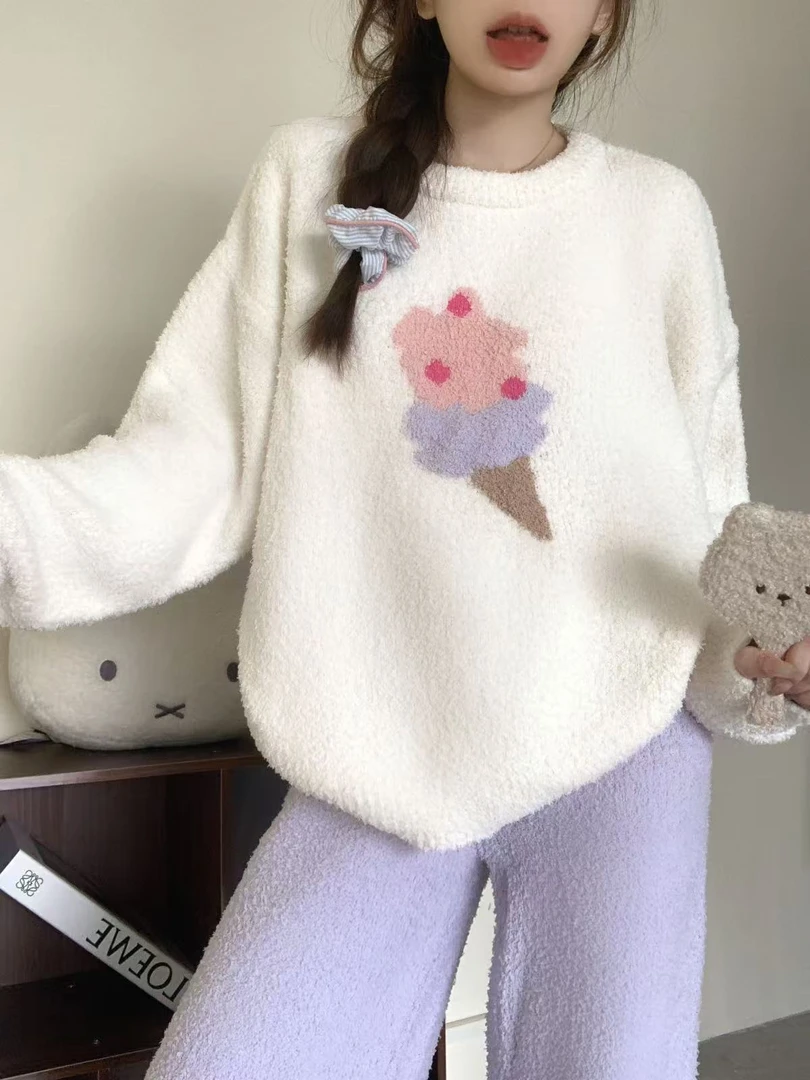 睡衣女款秋冬可爱冰淇淋半边绒睡衣加厚保暖暖气房长袖套装2865